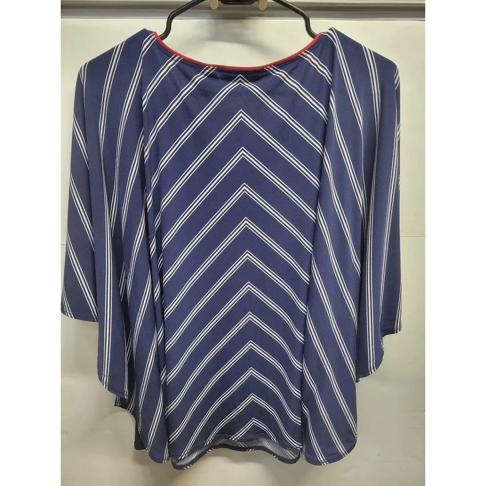 Susan Graver Women Liquid Knit‎ Red Stripe V Neck Kaftan Top Bat Wing Sleeve M/L